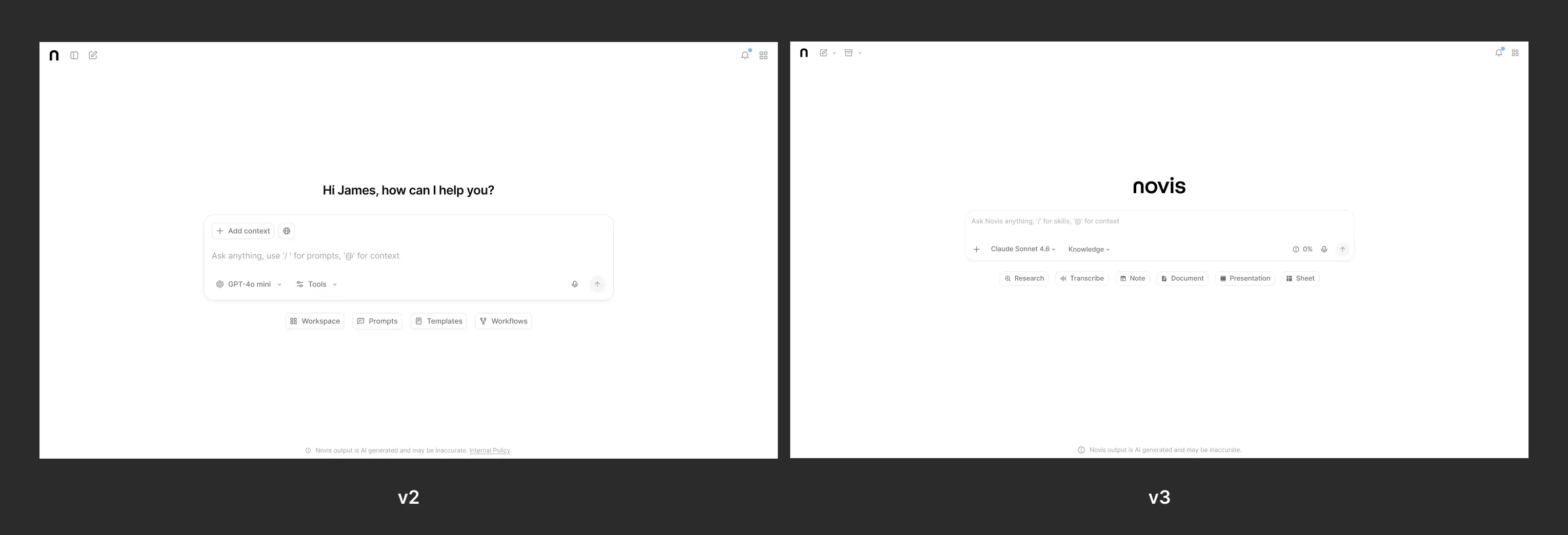 Chat UI before and after visual softening from v2 to v3